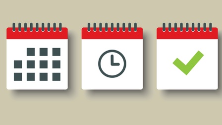 Set aus Icons bestehend aus Kalender, Zeit und grünem Häkchen