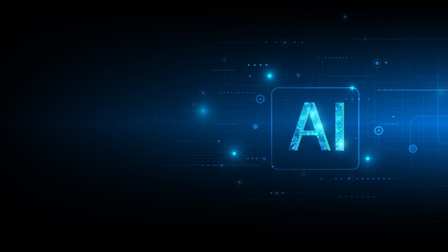 Grafische Illustration zu künstlicher Intelligenz. Mittig steht in großen Lettern und blau leuchtend AI geschrieben. Rundherum befinden sich blau leuchtende Schaltkreise und Vernetzungen vor einem dunklem Hintergrund.