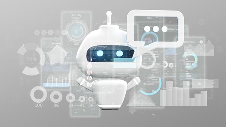 Illustration eines Roboters mit Sprechblase und anderen statistisch-grafischen Elementen
