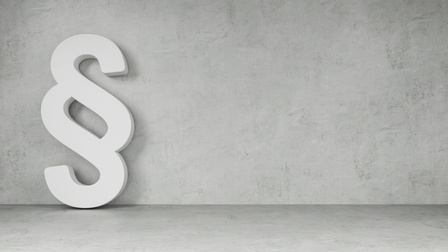 Vor einer grauen Betonwand lehnt ein weißes Paragraphen-Symbol in der linken Bildhälfte. Das Symbol ist dreidimensional. 