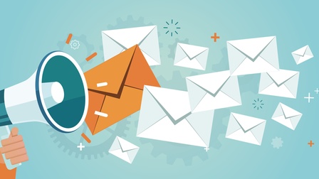 Illustration eines türkisen Hintergrunds. In der linken Bildhälfte ragt von unten eine Hand ins Bild, die ein Megafon hält. Neben dem Megafon sind mehrere unterschiedliche Briefumschläge