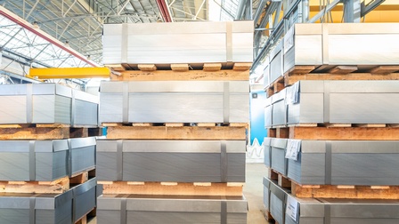 In einer hohen Halle stehen im Vordergrund drei Stapel nebeneinander. Bei jedem Stapel sind rechteckige Metallböcke, die durch helle Paletten voneinander getrennt sind. Pro Stapel sind drei oder vier Metallblöcke übereinander gestapelt