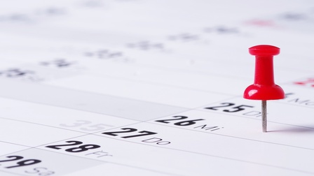 Termine sind mit bunten Stecknadeln auf einem Kalender markiert, Close-up