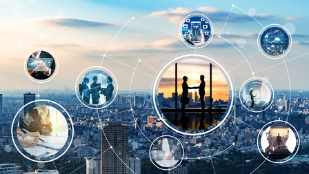 Collage: Im Hintergrund Stadtansicht im Dämmerlicht, im Vordergrund in Kreise gesetzte Bilder von Menschen in unterschiedlichen Arbeitsituationen, die Kreise sind durch Linien miteinander verbunden