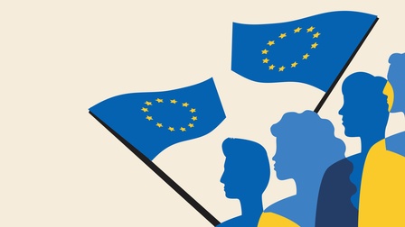 Vektor-Illustration eines hellen Hintergrunds, auf dem in der rechten Hälfte die Silhouetten von vier Personen sind. Neben den Personen sind zwei Fahnen mit blauem Hintergrund und gelben Sternen in einem Kreis