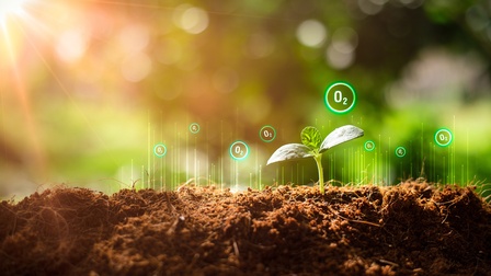 Grüner Keimling sprießt aus Erde, Overlay mit weiß leuchtenden eingekreisten 02 und emporsteigenden Linien auf grün verschwommenen Hintergrund