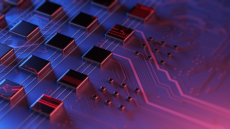 Darstellung von Computerplatinen: Kleine schwarze, quadratische, etwas erhobener Felder in der linken Bildhälfte. In der rechten Bildhälfte sind Striche und Verbindungen, die zu den schwarzen Feldern führen.