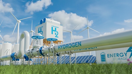 3D-Renderering einer grünen Wiese, auf der zwei lange Rohre parallel nebeneinander verlaufen. Auf beiden steht Hydrogen. Im Hintergrund ist ein Container, auf dem Energy Storage steht sowie Windräder und Solarzellen.