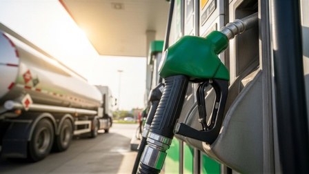 Zapfpistole an einer Tankstelle, im Hintergrund ein Tanklastwagen