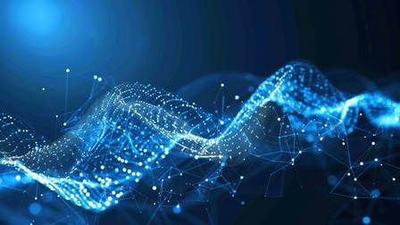 Ein leuchtendes, digitales Netzwerk aus blauen Lichtpunkten und Linien formt sich zu einer dynamischen Wellenstruktur auf dunklem Hintergrund.