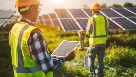 Ingenieure bewerten Effizienzdaten auf Tablets, während sie mitten in einem weitläufigen Feld bodenmontierter Solaranlagen stehen.