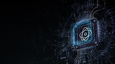 3D-Rendering eines leuchtenden Computerchips auf schwarzem Hintergrund mit Symbol für Elementarteilchens in der Mitte: zentraler Kreis umgeben von mehreren sich überlappenden Kreisen.