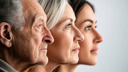 Drei Profile. Ein alter Mann, eine Frau im mittleren Alter und eine junge Frau.