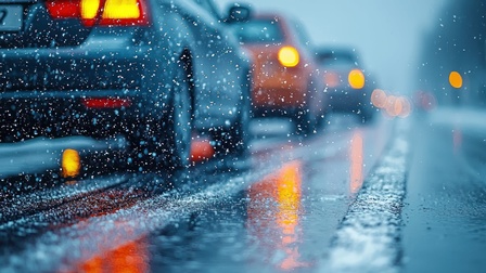 Autos, die an einem verschneiten, nassen Tag auf der Straße fahren