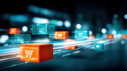 E-Commerce-Versandkonzept mit bewegten Paketen in urbaner, digitaler Hightech-Umgebung