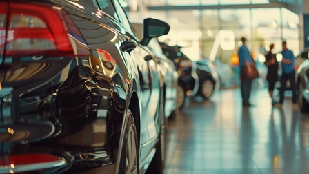 Eine elegante Reihe glänzender Autos in einem modernen Showroom, während im Hintergrund Verkäuferinnen und Verkäufer unter dem sanften Schein natürlichen Lichts interagieren.