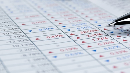 Detailansicht einer Kugelschreiberspitze, die auf Unterlage mit verschiedenen Prozentzahlen liegt