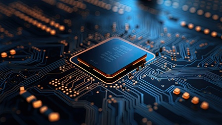 Detailansicht eines schwarzen quadratischen Computerchips mit abgerundeten Ecken und orangen leuchtender Umrandung platziert auf Computerplatine mit leuchtenden Linien