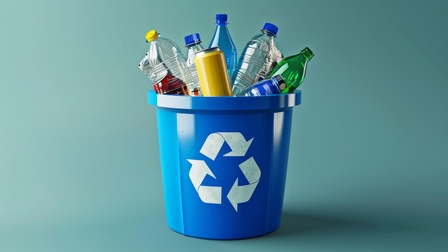 Ein Plastikkübel mit vollen Plastikflaschen.