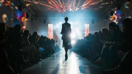 Modenschau mit einer Person auf dem Laufsteg in einem funkelnden Kleid. Das Publikum verfolgt die Präsentation von beiden Seiten, während starke Bühnenbeleuchtung und farbenfrohe Lichtinstallationen die moderne Fashion-Show inszenieren.