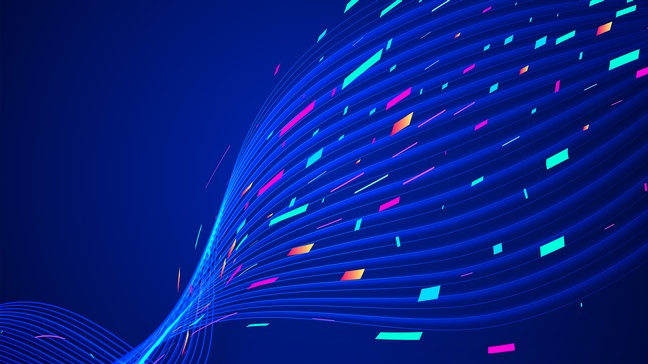 dunkler Hintergrund mit bunt eingefärbten Wellen davor, die sich von vorne nach hinten bewegen