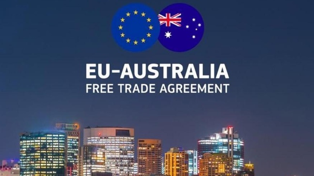 Ein Bild der Flaggen der EU und Australiens mit der Unterschrift 