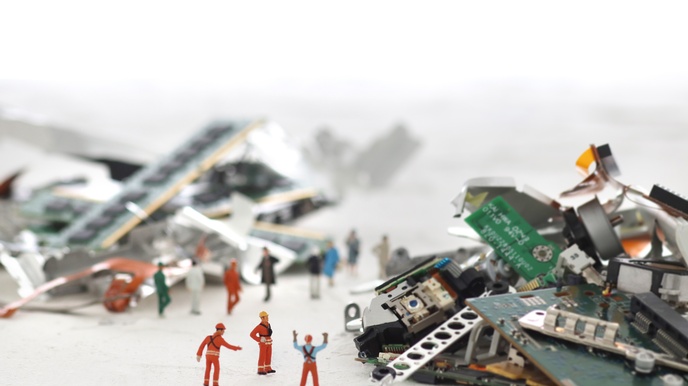 Spielfiguren stehen neben Haufen voller geschredderter Computerplatinen