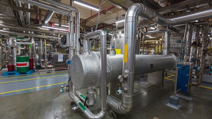 In einer Produktionsstätte stehen verschiedene große Maschinen mit Rohren und Verbindungen.