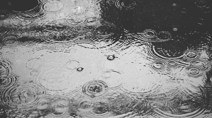 Wasserlacke auf Asphalt in die Regentropfen fallen und runde Wellenkreise bilden