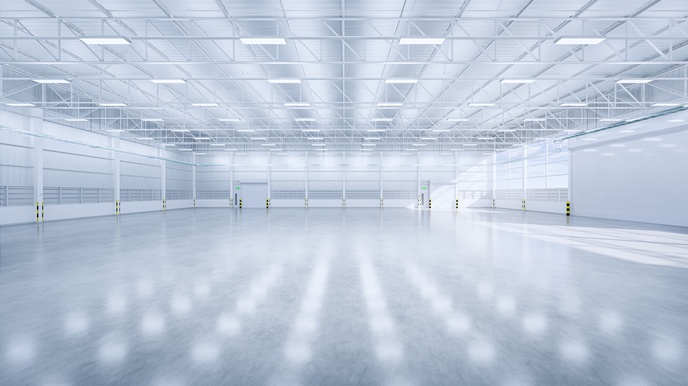 3D-Rendering einer leeren, hellen Halle