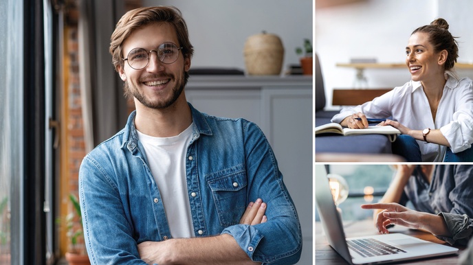 Collage aus drei Bildern: Lächelnde Person mit runden Brillen hält Arme verschränkt vor Körper, lächelnde Person vor aufgeschlagenem Block mit Stift in Hand sitzend blickt zur Seite, Detailansicht einer Hand, die auf aufgeklappten Laptop deutet