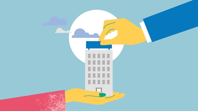 Illustration eines Hauses, das an der oberen und unteren Kante von Händen gehalten wird