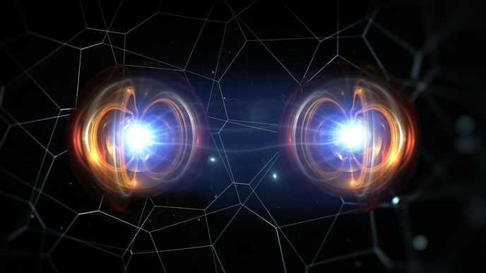 Zwei leuchtende Kugeln mit hellblauem verdicktem Kern umgeben von orangeroten bewegungsunscharfen Linien auf schwarzem Hintergrund mit weißen zu eckigen Formen verbundenen Linien