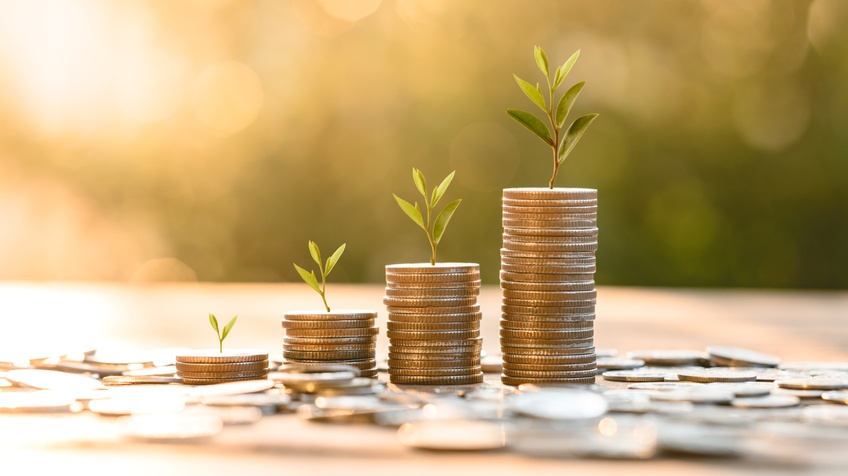 Münzen liegen verstreut auf einer Oberfläche. In der Mitte des Bildes stehen vier unterschiedlich große Münzstapel. Aus jedem Stapel wächst ein kleiner, grüner Setzling