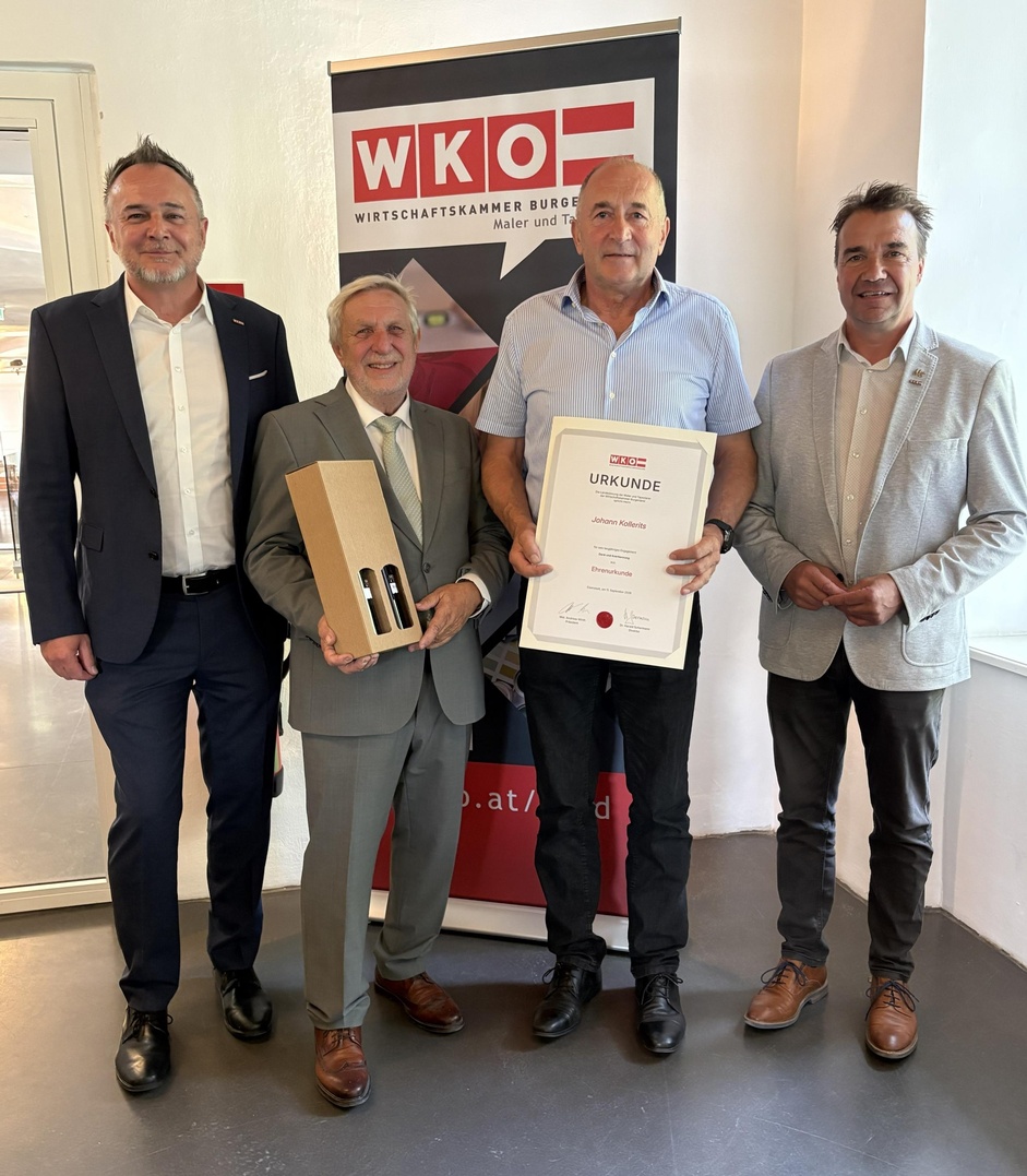 Geschäftsführer Thomas Kornfeind, Bundesinnungsmeister Hannes Koudelka, Johann Kollerits und Landesinnungsmeister Mst. Jürgen Szerencsits (v. l.)  
