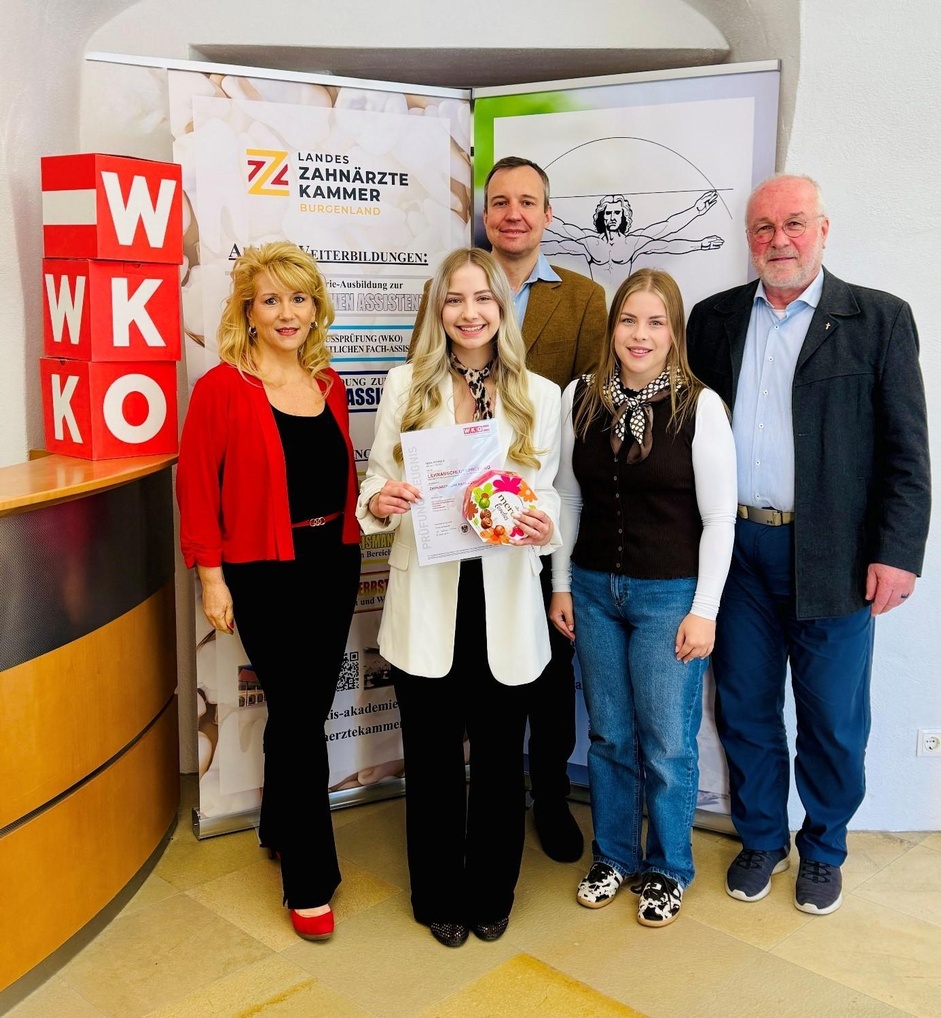 Petra Bischof-Oswald (WK), Nina Renner, Dr. Andreas Steiner (Landeszahnärztekammer Burgenland), Katharina Maria Deutsch (AK) und Dr. Ernst Michael Reicher (Präsident Landeszahnärztekammer Burgenland) (v. l.)
