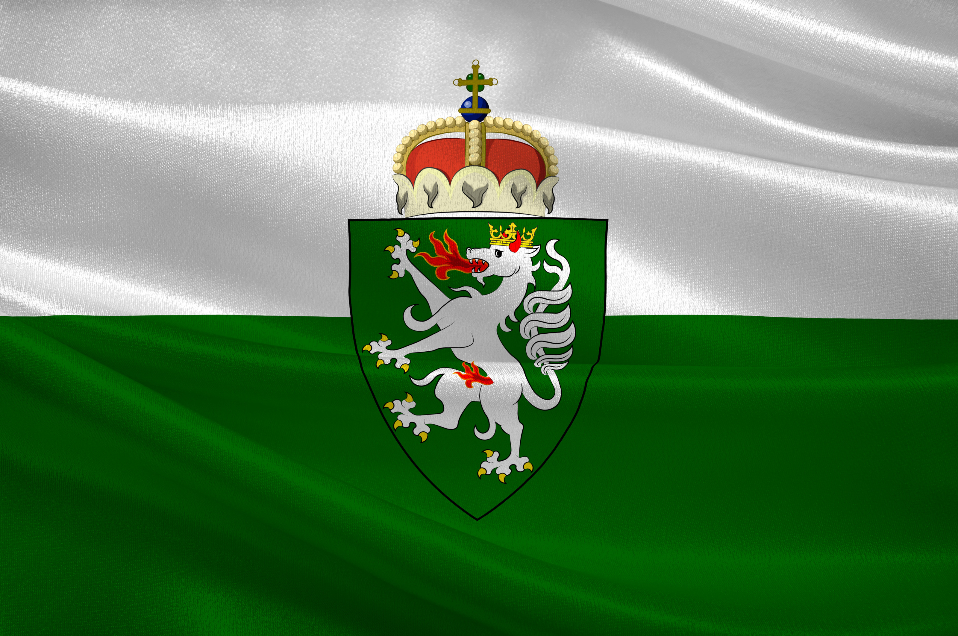 Grafik der steirischen Flagge. Die obere H&auml;lfte istwei&szlig;, die untere H&auml;lfte ist gr&uuml;n. In der Mitte ist ein Wappen mit einem wei&szlig;en Panther mit einer Krone auf dem Kopf. Der Panther speit Feuer