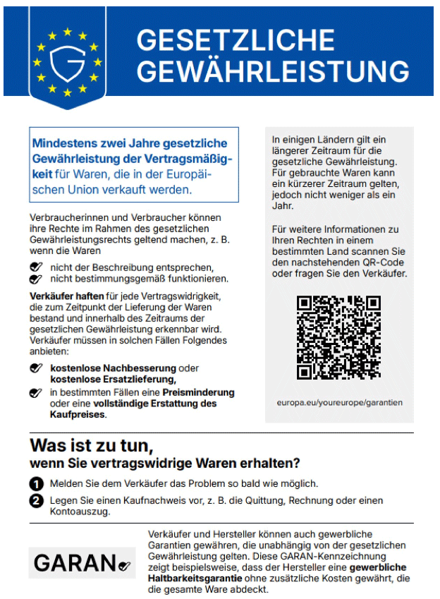 Etikett, das Verbraucher &uuml;ber die gesetzlichen Gew&auml;hrleistungsrechte informiert