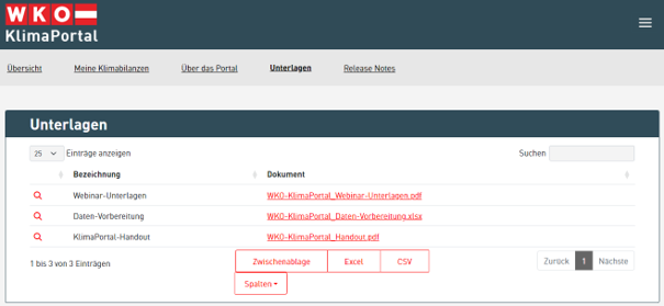 Screenshot des Bereichs Unterlagen am Klimaportal mit Webinar-Unterlagen und mehr