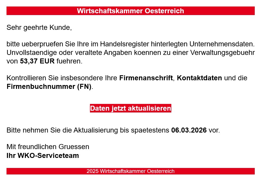 Muster der Phishing Mail. Informationen befinden sich oberhalb