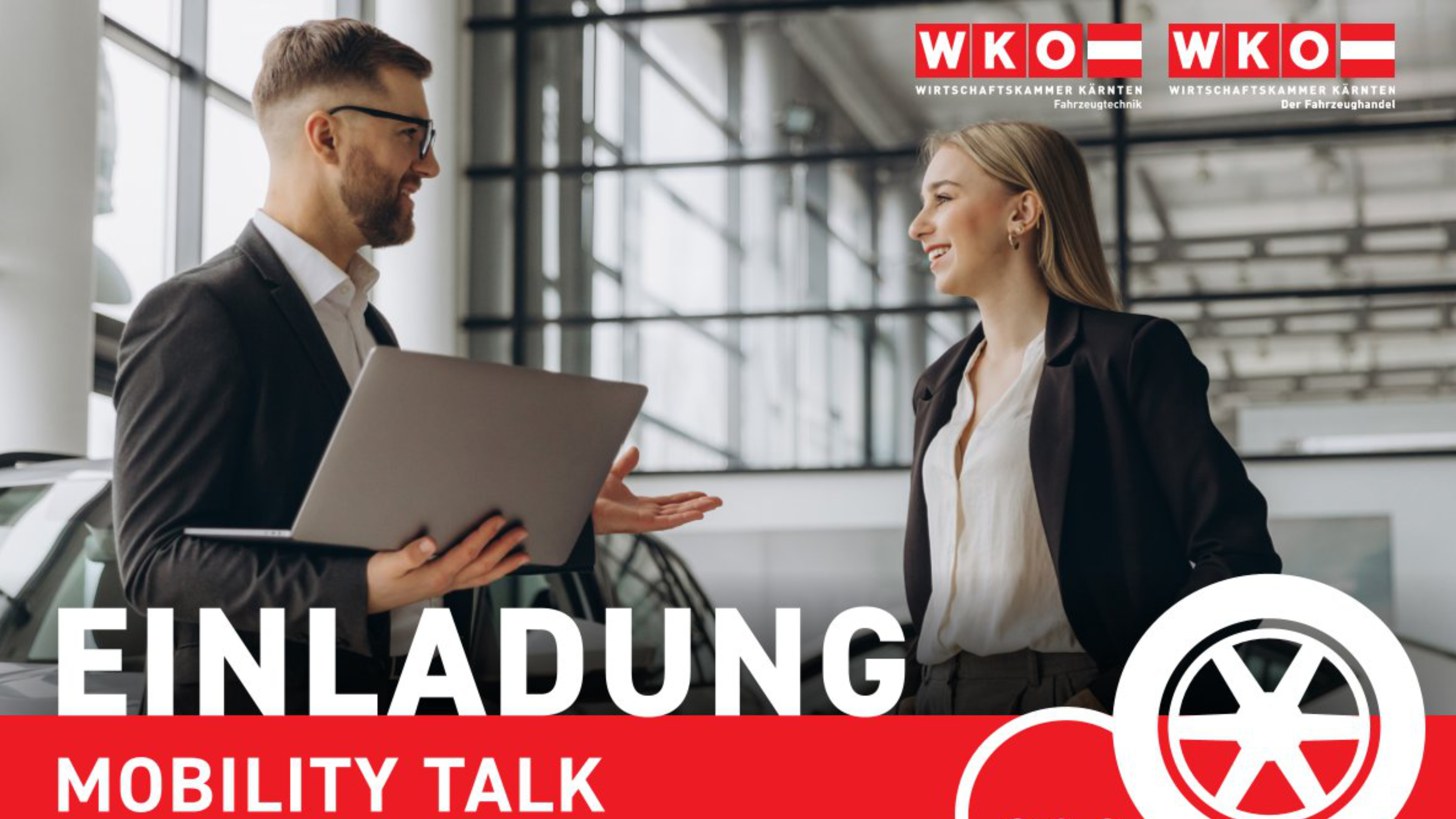 Einladung zum Mobility Talk der WKO K&auml;rnten am 15. September um 18 Uhr im Hotel Restaurant Zollner. Zu sehen sind ein Mann und eine Frau im Gespr&auml;ch in einem modernen Autohaus. Logos der Fahrzeugtechnik und des Fahrzeughandels.