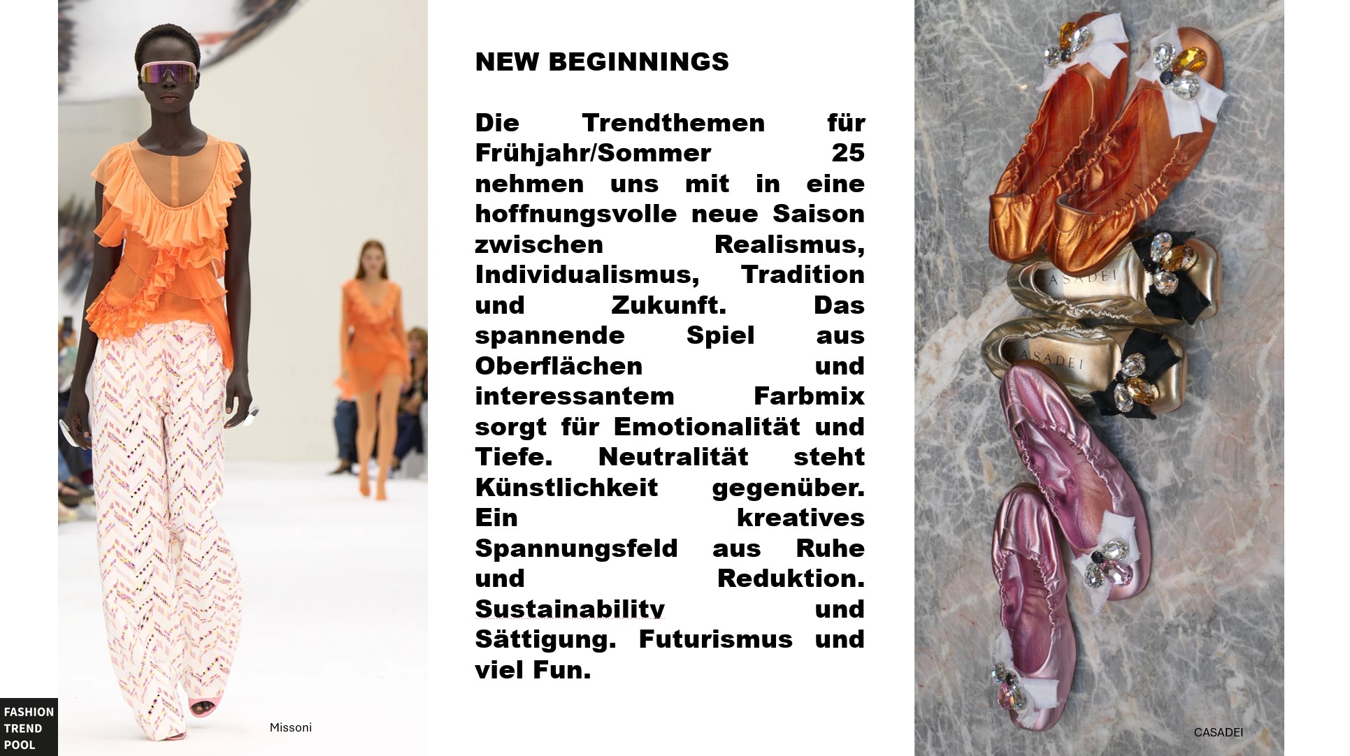 Model in orangem Top und heller weiter Hose am Laufsteg - Text über die Fashiontrends 2025 - Ballerina Schuhe in Metallic Farben