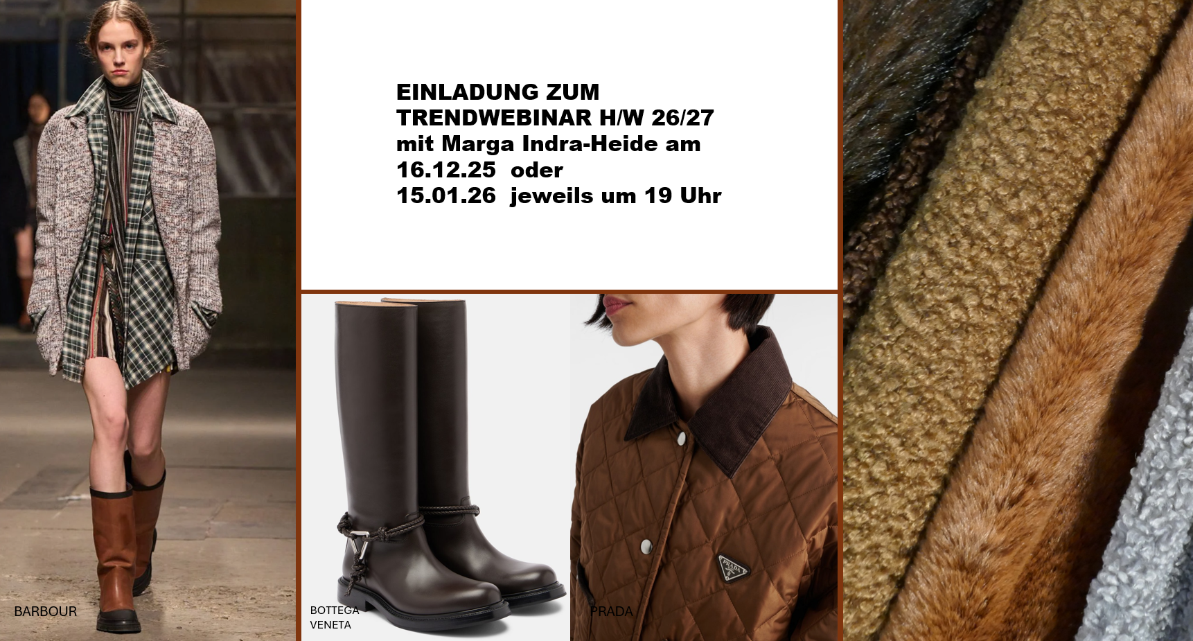 Collage von Fotos - man sieht ein Model, Winterstiefel, Stoffe und einen Ausschnitt von einer Frau mit Jacke