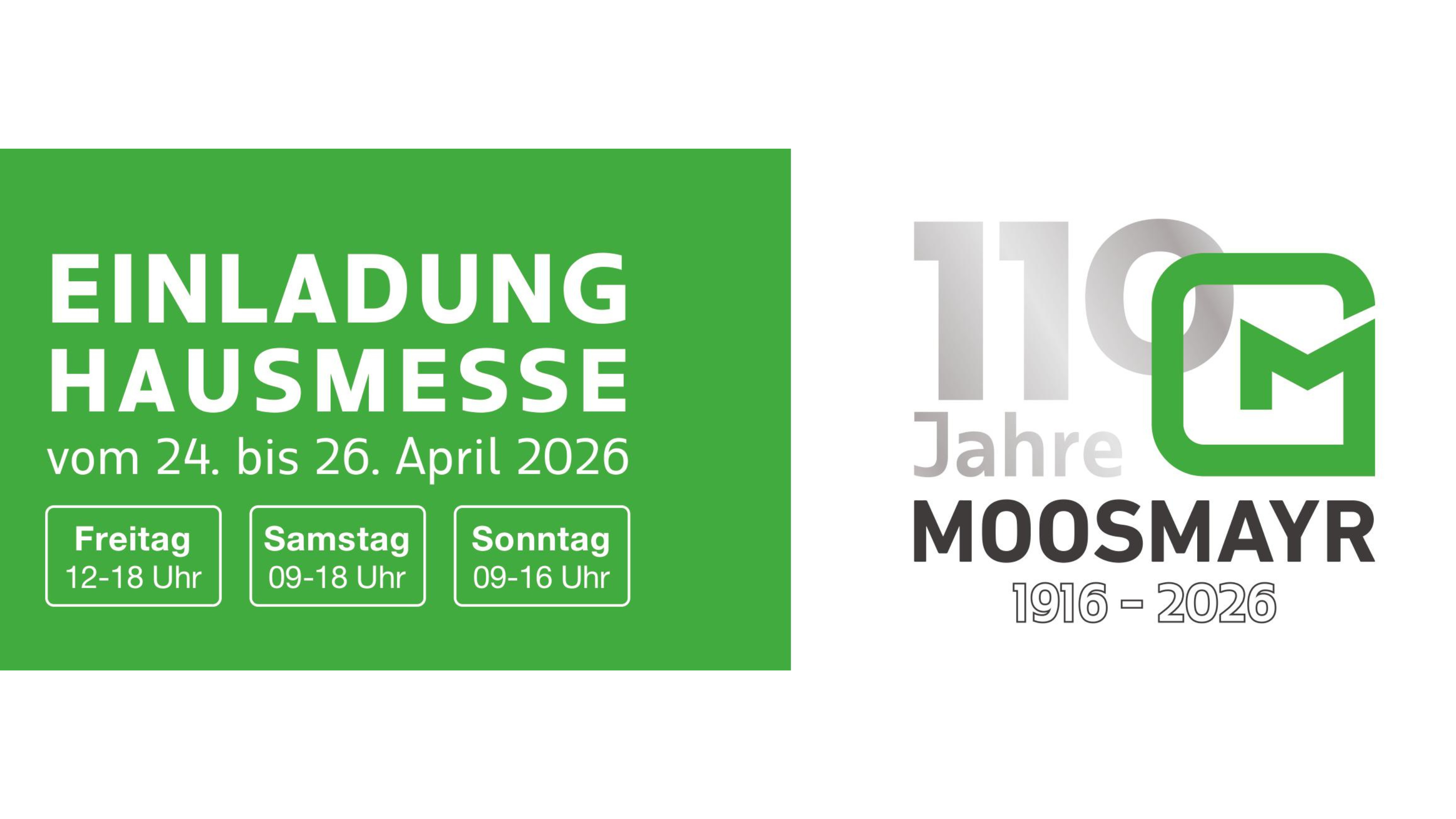 gr&uuml;nes Feld und wei&szlig;er Text Einladung hausmesse moosmayr