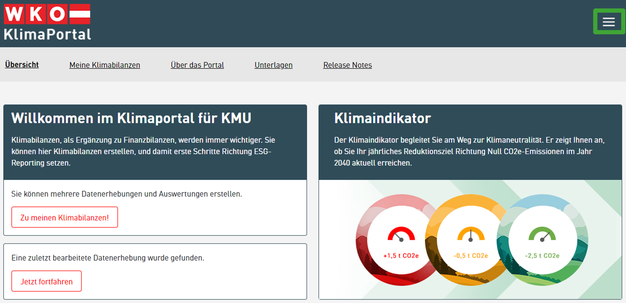 Screenshot des Klimaportals mit den Punkten &Uuml;bersicht, meine Klimabilanzen, &uuml;ber das Portal, Unterlagen und Release Notes