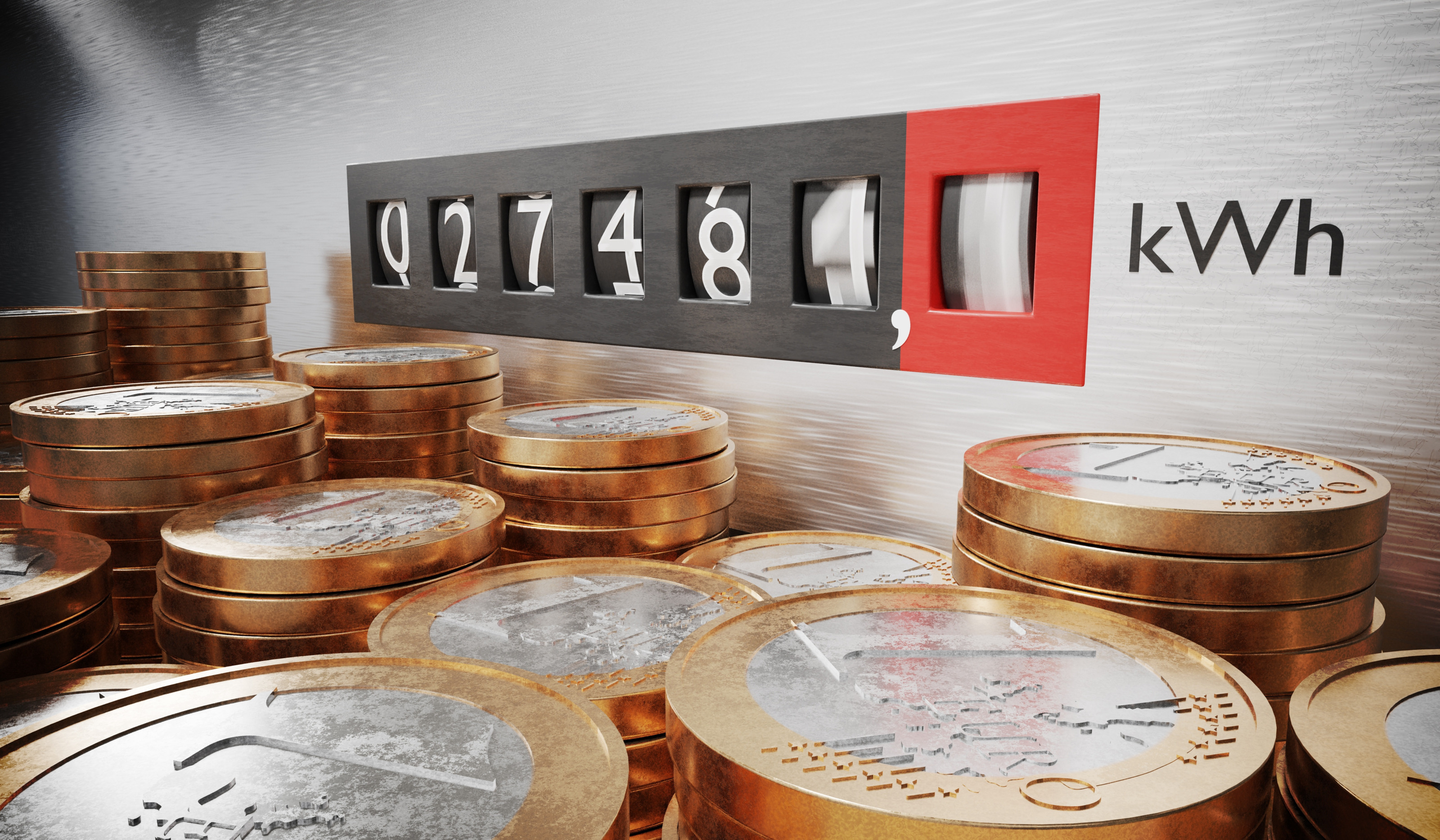 Detailansicht von 1-Euro-M&uuml;nzt&uuml;rmchen vor Stromz&auml;hler mit Zahlen und kWh-Aufschrift