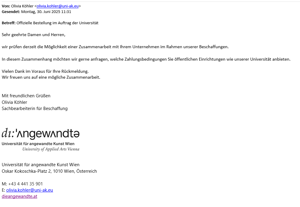 Screenshot einer Email mit dem Logo der Universit&auml;t f&uuml;r angewandte Kunst Wien