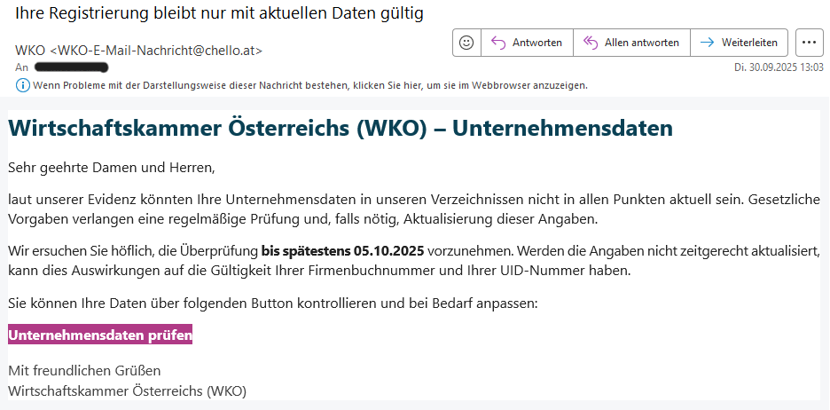 Muster der Phishing Mail. Der Merkmale der Nachricht befinden sich oberhalb