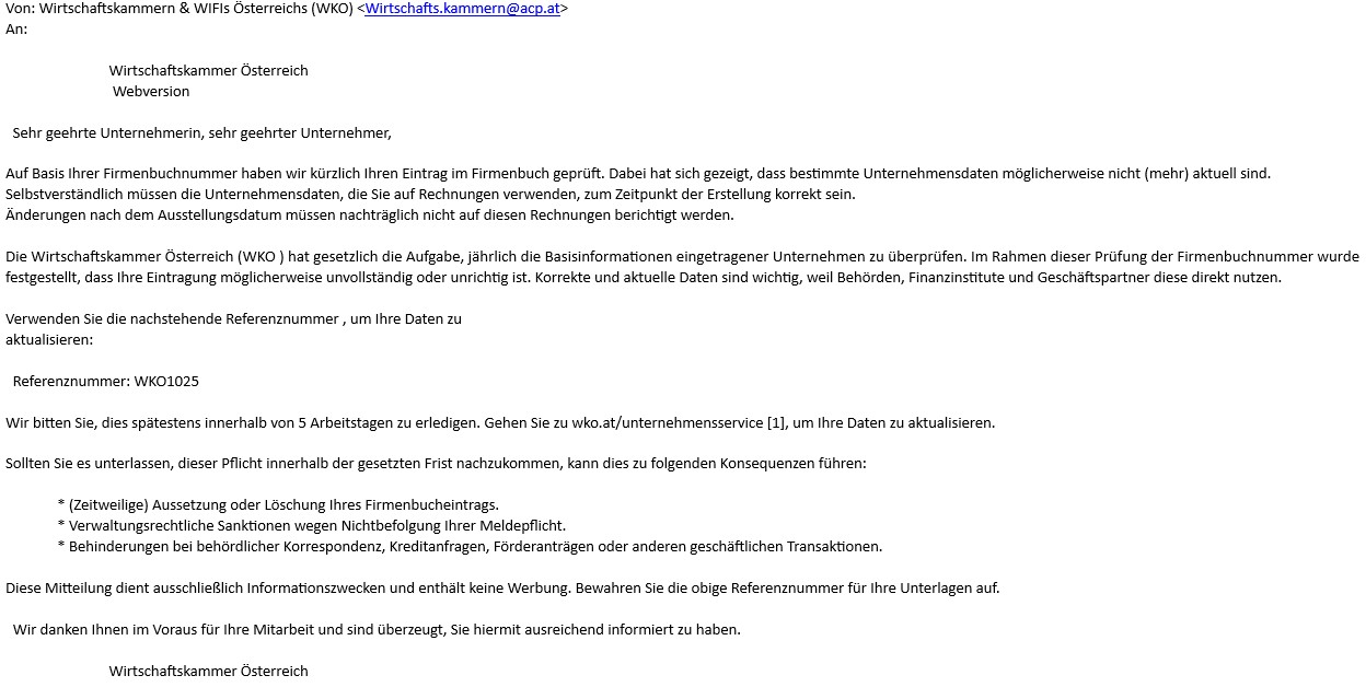 Muster der Phishing-Mail, Informationen befinden sich oberhalb