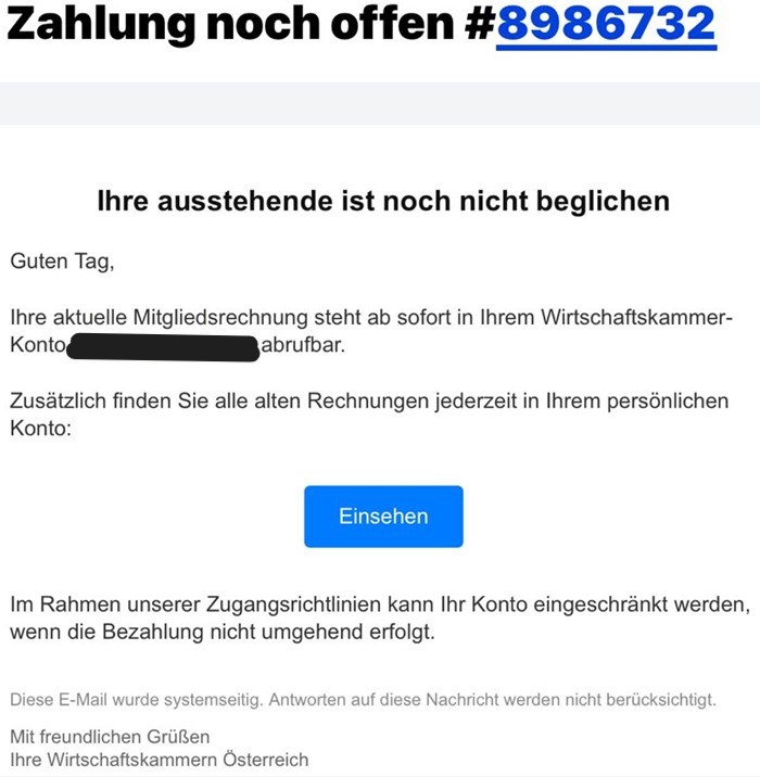Foto der Phishing Meldung. Infos sind oberhalb aufgelistet